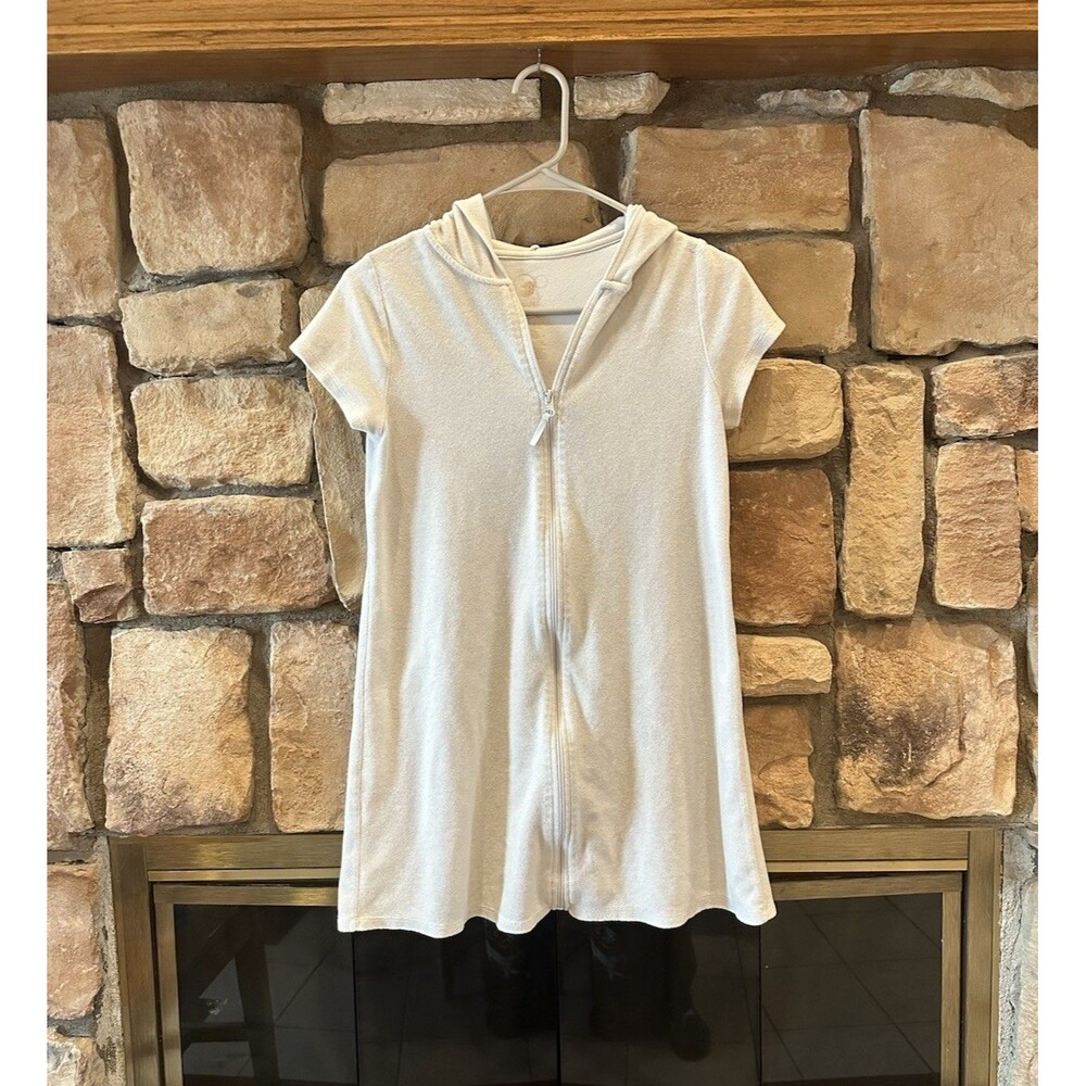 VTG Y2K OP Ocean Pacific Terry Cloth Ivory Hoodie Zip Up Dress Beach Junior XL